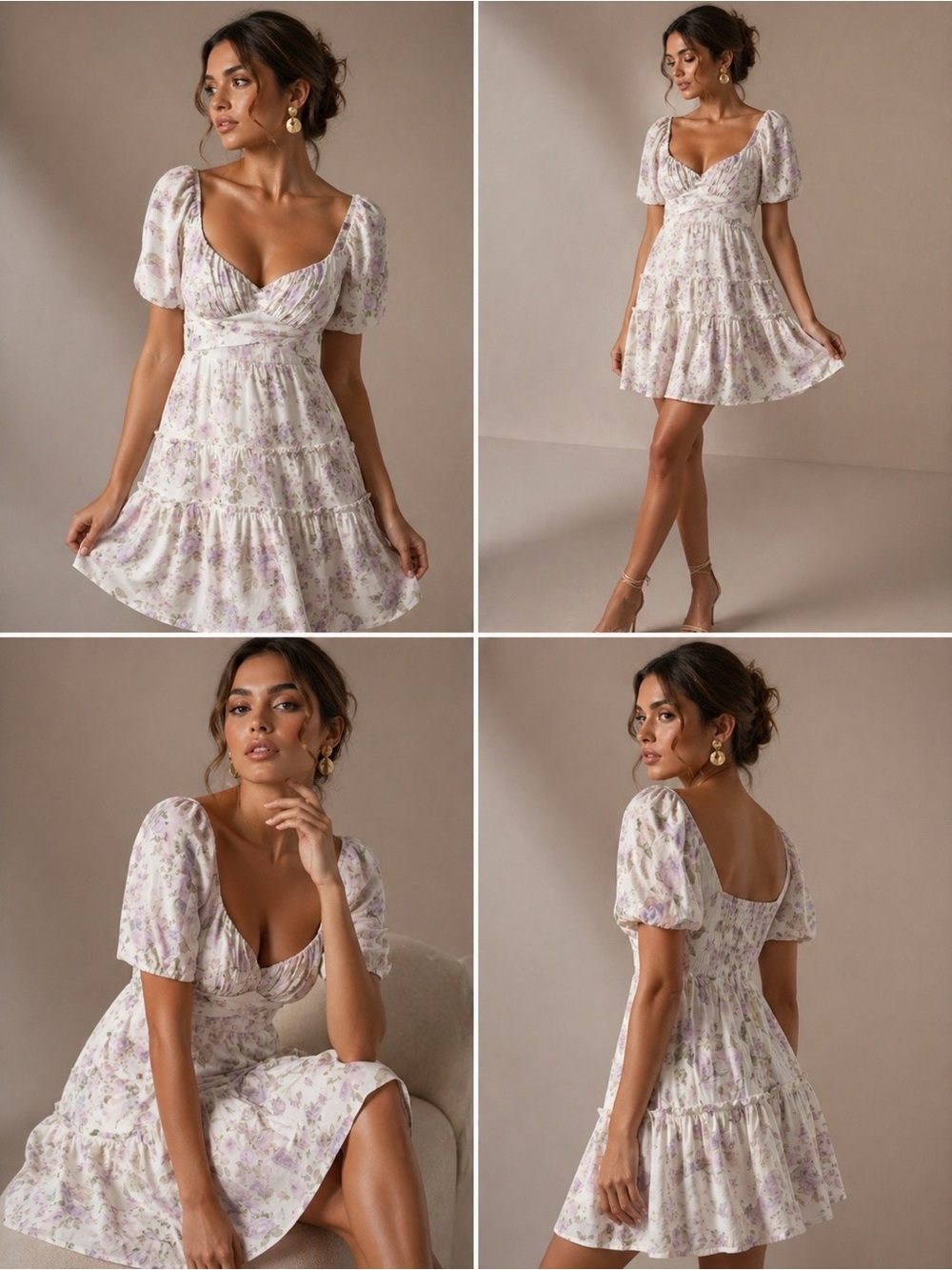 White Floral dress with Lavender Roses linen S